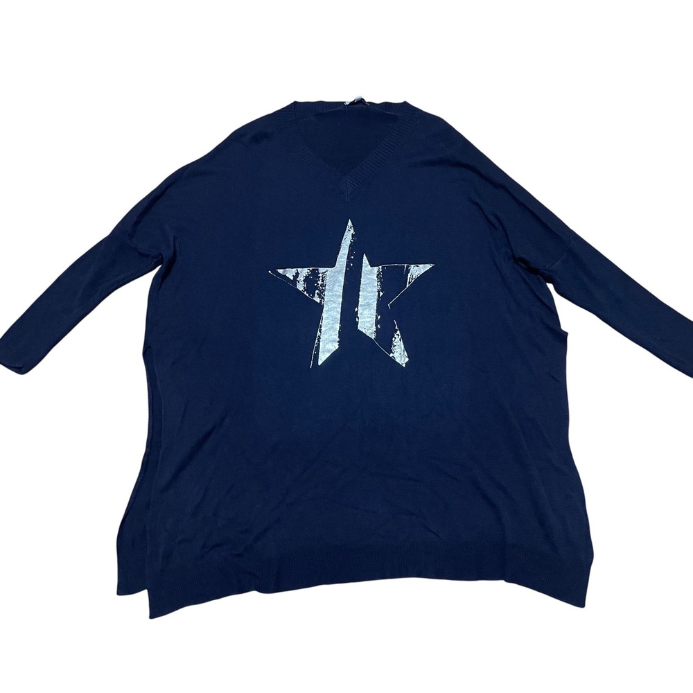 Tempo Paris Navy Blue Star Graphic V-Neck Tunic Sweater Made in Italy 436N S/M